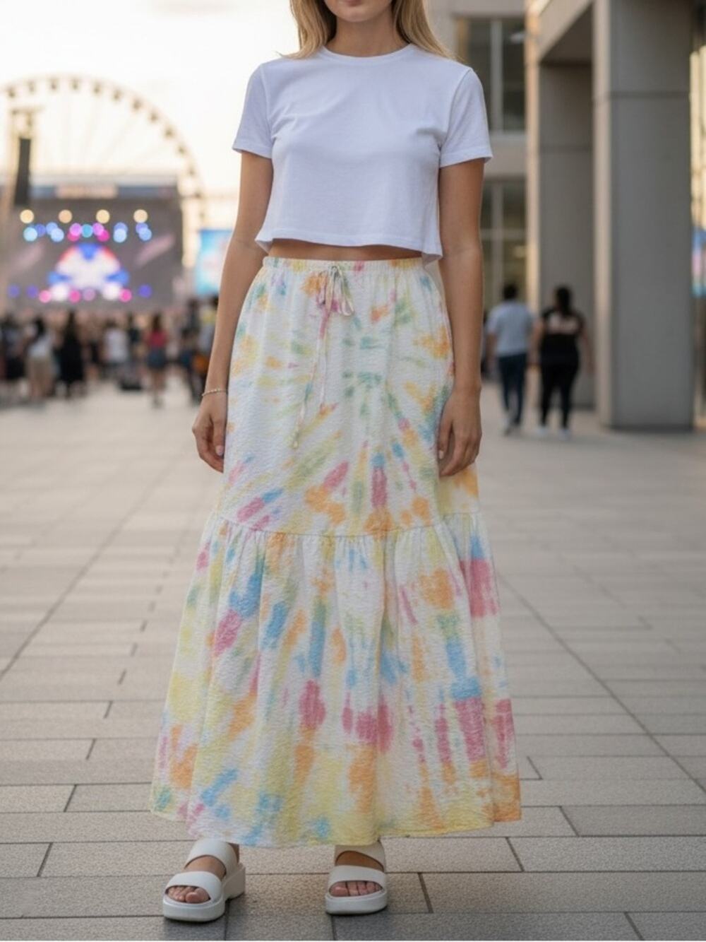 Young Fabulous & Broke YFB Women’s High Waist Drawstring Y2K Tie Dye Maxi Skirt
